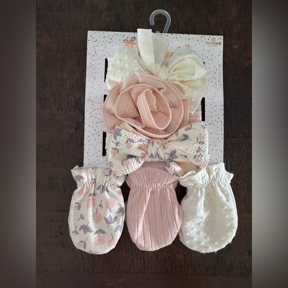 Baby Girl Floral Headband and Mitten Set - Pink, White